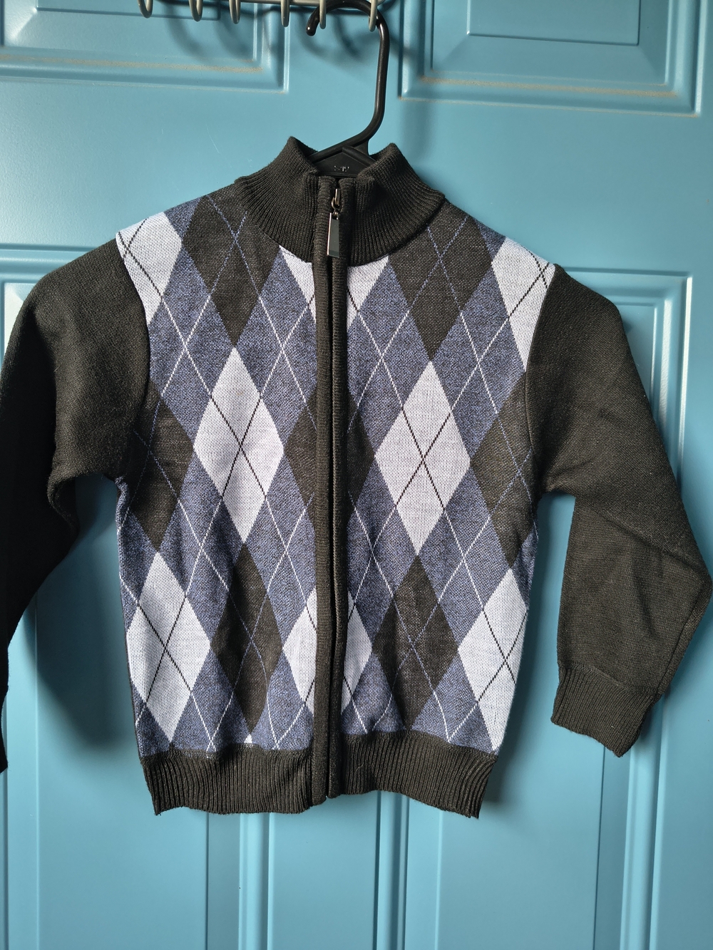Kids' Black Argyle Zip-Up Sweater Jacket with Blue Diamonds